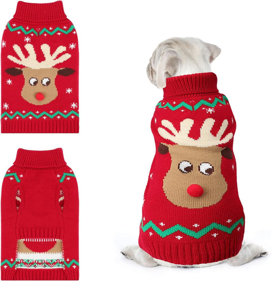 Christmas Dog Turtleneck Sweater Winter Reindeer Snowflake Sweater with Leash Hole Puppy Knitwear Pullover Holiday Sweaters for Small Medium Large Dogs S