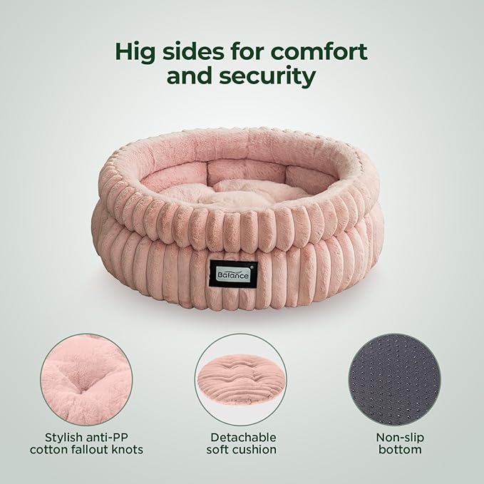 BALANCE Cat Bed Kitten Bed, Washable Round Cat Beds for Indoor Cats,Super Soft Plush Faux Fur Pet Bed for Puppy and Kitten with Anti-Slip Bottom