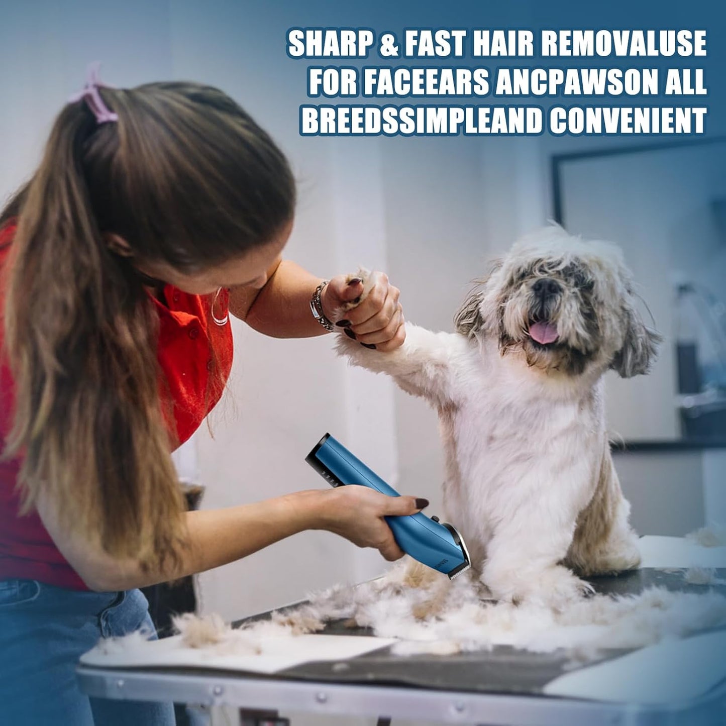 Professional Animal Pet Dog Cat and Horse Cordless Hair Clipper Grooming Kit with 5 in 1 Blade Low Noise & High Power Rechargeable Cordless Pet Grooming Clipper for for Thick Heavy Coats (Blue)