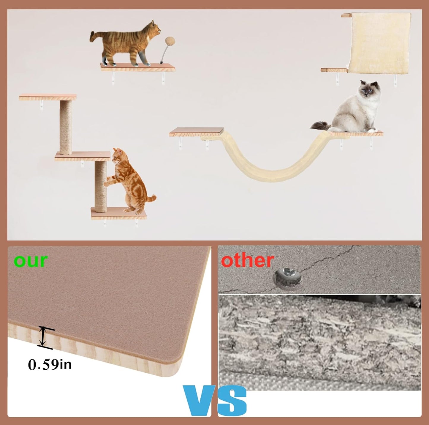 Cat Shelves for Wall，Solid Wood Cat Wall Furniture with Scratching Post,Hammock,Jumping Boards,Steps,Condo and Felt Pads, Suit for Cats Climb, Jump, Nap, Scratch-Beige