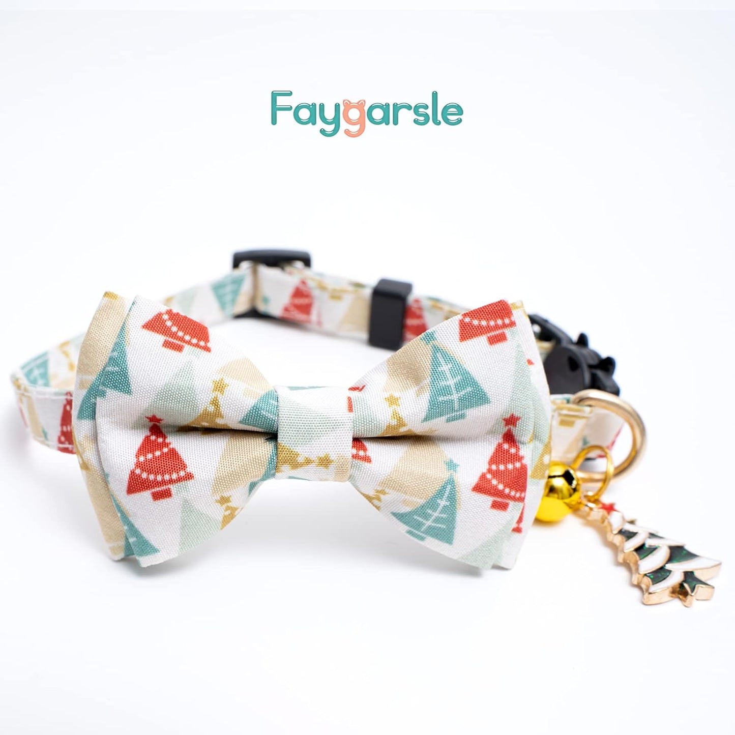 2 Pack Cotton Christmas Cats Collar with Bow Tie Beige Red Green Cat Collars for Girl Female Boy Male Cat Collar with Bell Christmas Trees Charms