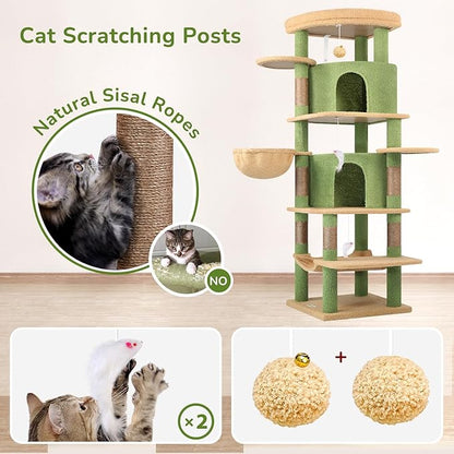 Globlazer Cactus Corner Cat Tree Tower for Large Cat, 66inch Tall Large Cat Tree Condo for Multiple Indoor Cats with 6 Scratching Posts, 2 Spacious Cat Condos, Soft Hammock, Hanging Basket, C66, Green