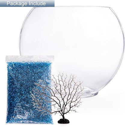 Okllen Mini Glass Fish Bowl, Oblate Small Fish Tank with Blue Aquarium Decor Sands and Plastic Coral Branch Tree Ornament for Betta Fish Aquarium, 1Gallon
