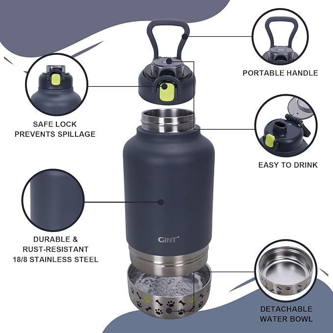GiNT 37oz Insulated Stainless Steel Dog & Human Water Bottle | Leakproof Travel Dispenser with Detachable 10oz Bowl, 24H Cold/12H Hot, Carrying Case for Walking, Hiking, Camping & Outdoor Travel
