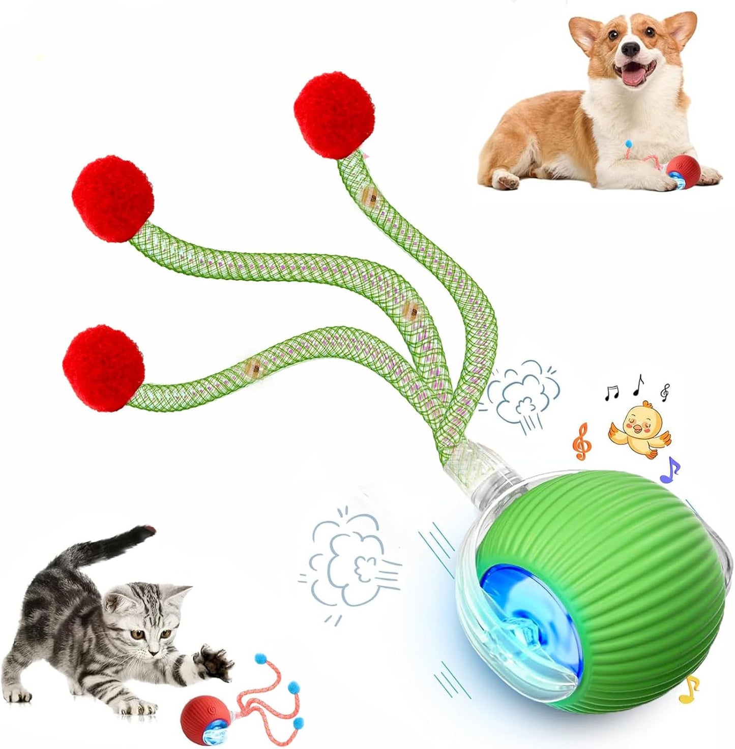 Speed 2.0 Tail Interactive Cat Toys for Indoor Cats, Chirping & Motion Activate Cat Toy, Smart Kitten Rolling Ball Moving Ball Toys, Rechargeable Dog Cat Bal l for Enrichment Exercise (New Green)