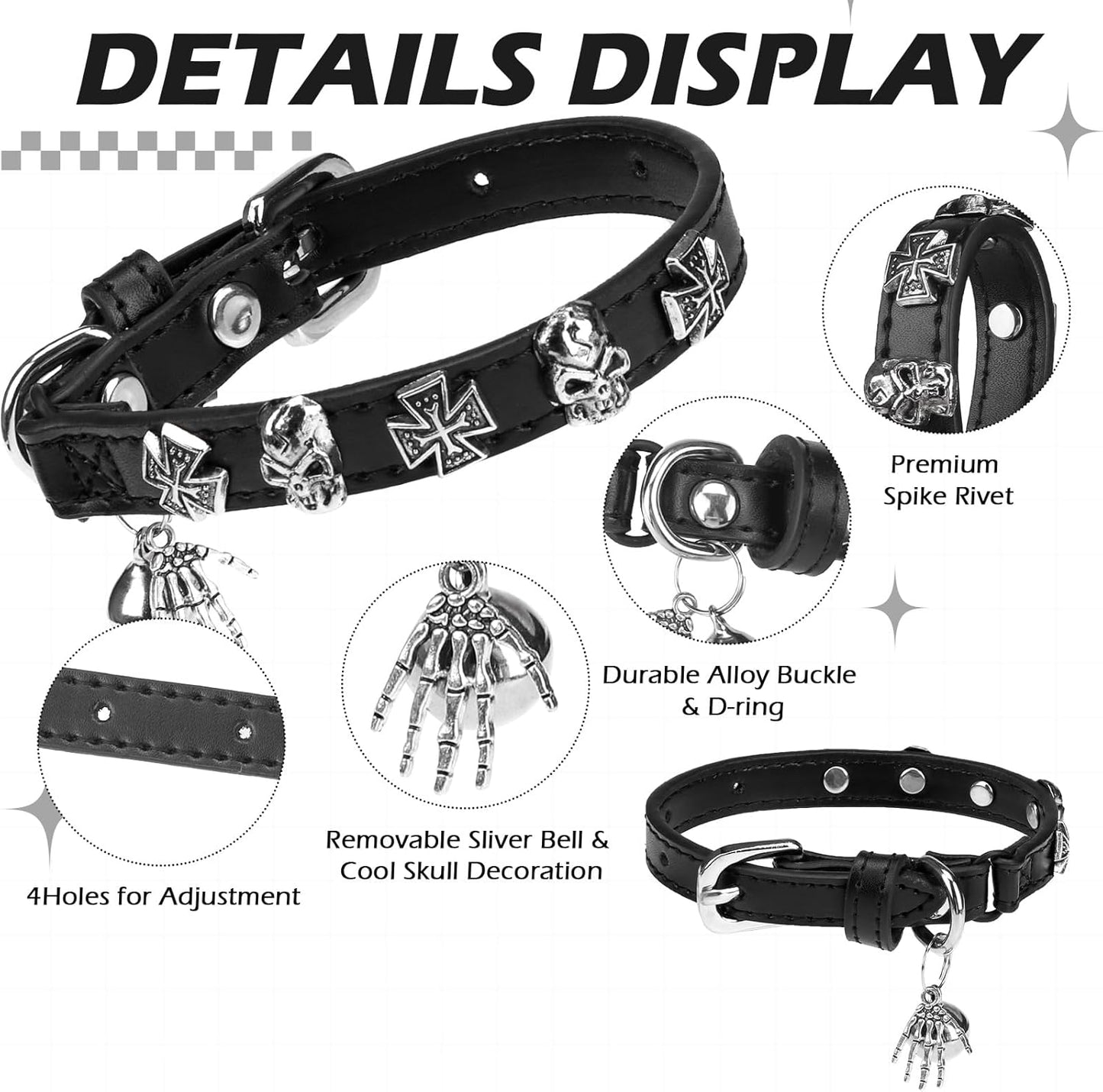 EXPAWLORER Leather Cat Collar for Girl Boy- Adjustable Pet Collar with Safety Elastic Belt,Personalized Punk Accessories Buckle Collars with Bell & Durable D-Ring, Skull(Black)