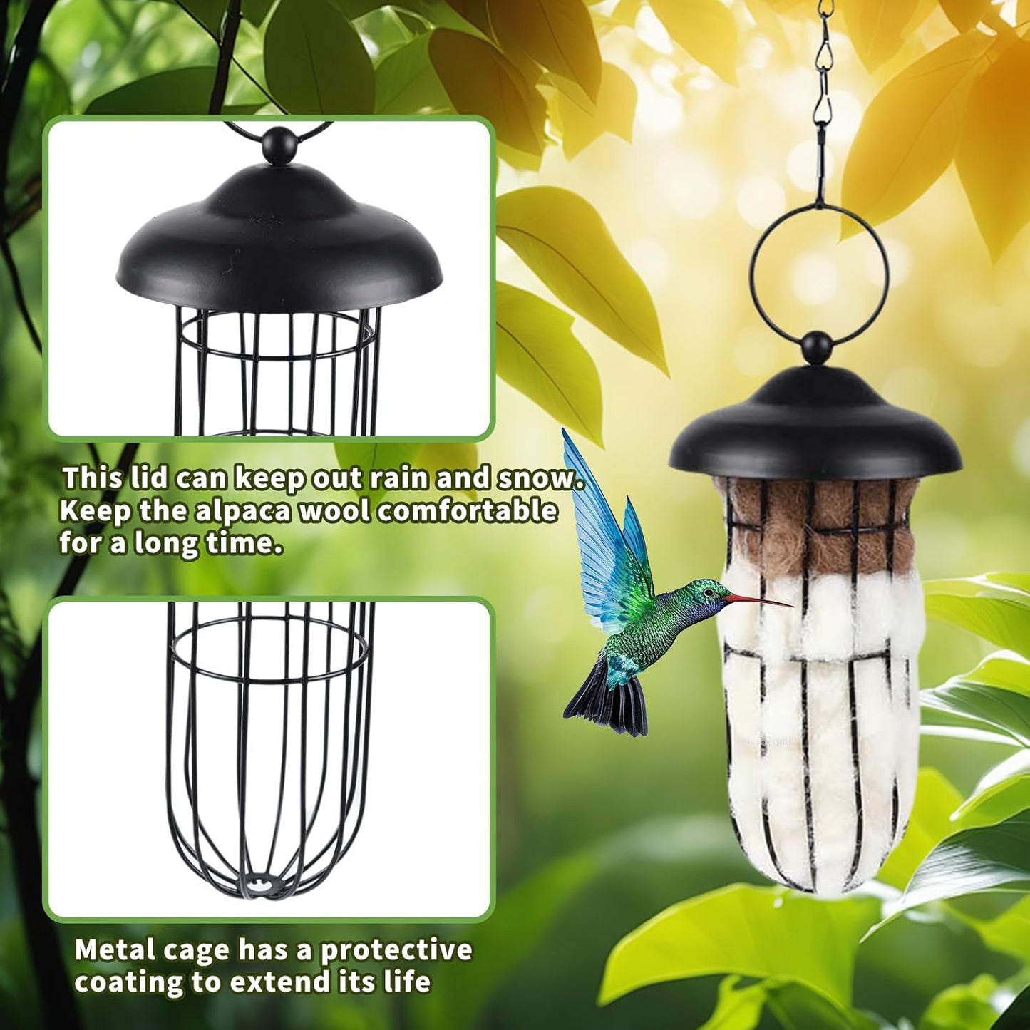 Hummingbird Nesters, Alpaca Wool Bird Nesting Material in Metal Cage - Unique Birds Lover Watcher Gift, Outdoor Garden Ornament, Refillable