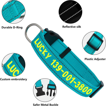 Personalized Embroidered Dog Collar - Custom Hand-Stitched Name & Number, Reflective Adjustable Pet Collar for Small/Medium/Large Dogs & Cats, Durable Nylon with Steel D-Ring (Teal, Medium)