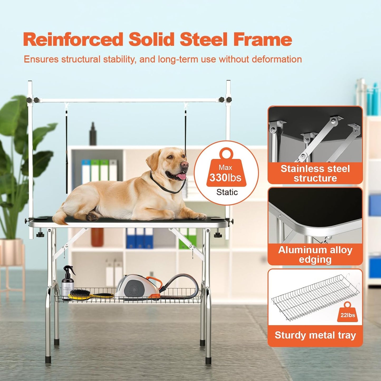 46'' Dog Grooming Table for Large Dogs, Foldable Professional Grooming Table for Dogs at Home with Double Loops/Mesh Tray/Adjustable Arm, Capacity up to 330lbs, Black