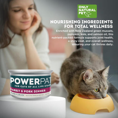 Only Natural Pet PowerPate Grain-Free Rabbit & Pork Wet Cat Food - High Protein, with Hydrating Broth - Healthy Balanced Nutrition for Kittens & Cats of All Life Stages, 2.75 oz Cans, Case of 12 (R)