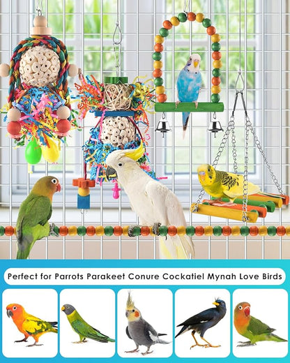 Bissap Conure Toys, 5 PCS Parrot Foraging Shredder Hanging Toys Sola Balls with Sand Hammer Perch Swing Climbing Ladder for Small Parrots Parakeets Conures Cockatiels Love Birds Cage Toy