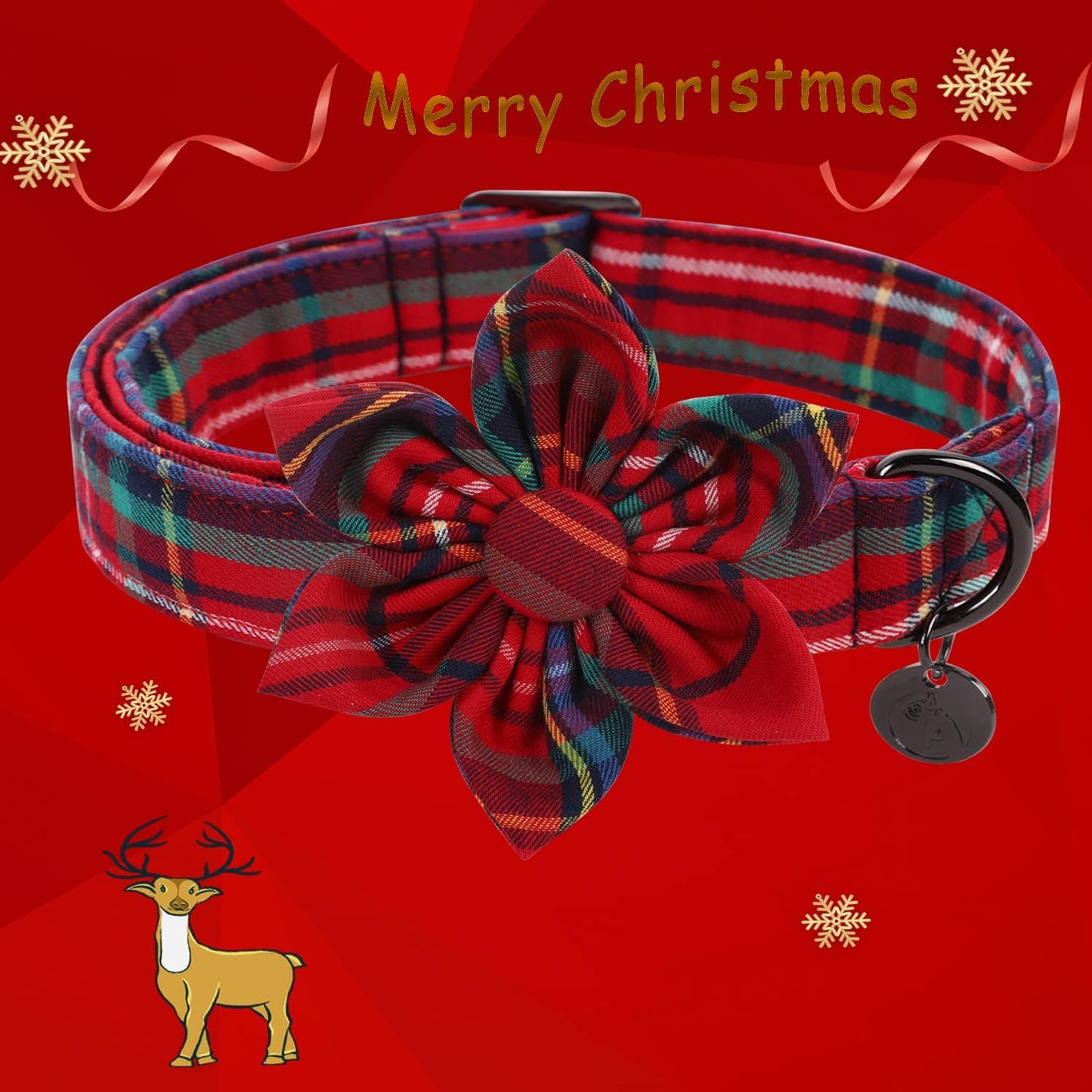 DOGWONG Christmas Dog Collar with Flower, Red Plaid Dog Collar Soft Durable Adjustable Cotton Red Tartan Puppy Collar for Small Medium Large Dog