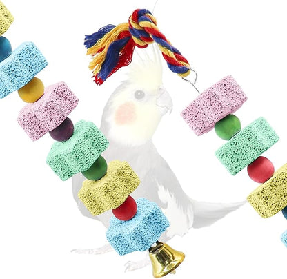 2 Pack Mineral Block Chew Toys with Colorful Beads and a Bell, Bird Beak Grinding Stone, Cage Accessories for African Grey, Budgies, Cockatiels, Small to Medium Birds