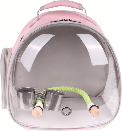 halinfer Small Bird Travel Backpack Carrier Cage with Cups, Backpack to Transport Backpack Carrier with Clamp Cups Stand Perch for Parakeet Cockatiel Budgies Vet Carry Book Bag Pink