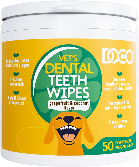 DOCO Dog Teeth Cleaning Wipes - Dog Tooth Brushing Kit, Remove Plaque & Tartar, Freshen Breath, Easy Pet Tooth Cleaning Kit for Oral Care, Ideal for Cat Owners - Coconut & Grapefruit Flavor, 50 ct.