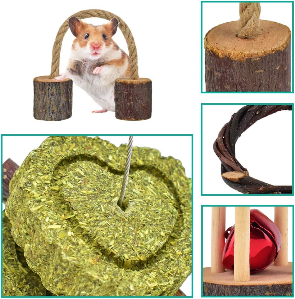 ERKOON New 12 Pack Hamster Chew Toys Gerbil Rat Guinea Pig Chinchilla Chew Toys Accessories, Natural Wooden Dumbbells Exercise Bell Roller Teeth Care Molar Toy for Rabbits Bird Rabbits Hamster Gerbil