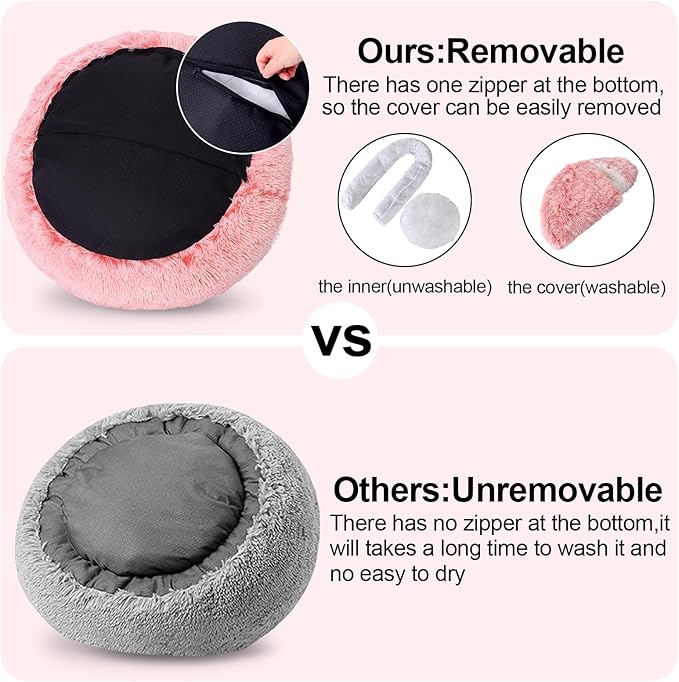 Calming Bean Mush Beds & Cat Cave with Hooded Cover, Removable Washable Round Beds for Small and Medium Pets, Anti-Slip Faux Fur, Fits Up to 15/25 lbs