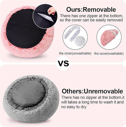 Calming Bean Mush Beds & Cat Cave with Hooded Cover, Removable Washable Round Beds for Small and Medium Pets, Anti-Slip Faux Fur, Fits Up to 15/25 lbs