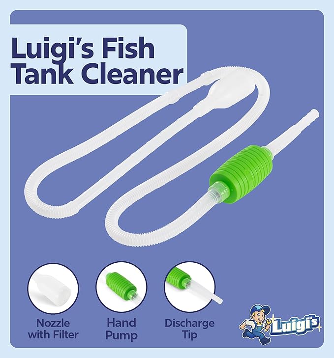Luigi's Fish Tank Cleaner - Turtle Tank Accessories - Gravel Vacuum for Aquarium - Hand Siphon Hose to Remove and Change Water or Sand in Minutes - Aquarium Cleaning Tools