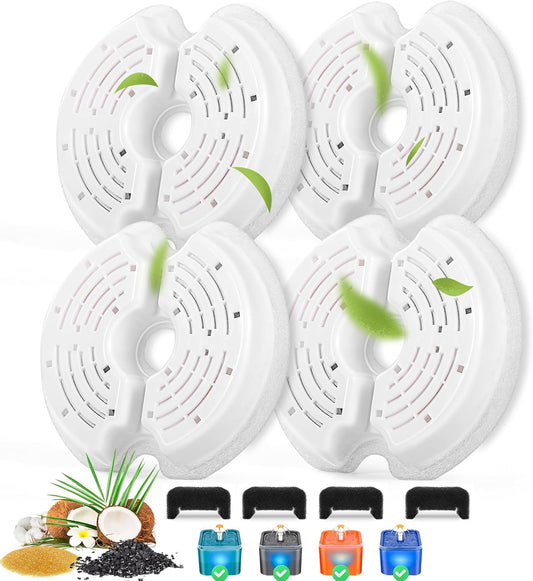 Cat Water Fountain Filters for 84oz/2.5L Stainless Steel Pet Fountain and 67oz/2.0L Plastic Cat Drinking Fountain, 4 Pack Pet Replacement Filters with 4 Pre-Filter Sponges