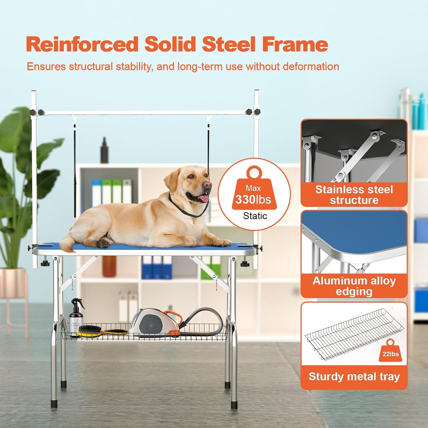 46'' Modern Blue Dog Grooming Table, Foldable Professional Grooming Table for Large Dogs, Up to 330lbs, Stainless Steel