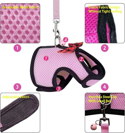 Rypet Animal Harness and Leash - Soft Mesh Pet Harness With Safe Bell, No Pull Comfort Padded Vest for Small Pet Pink M