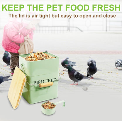 Metal Bird Seeds storage container,Outdoor Bird Food Container Canister, Pet Food Bin with Wooden Lid/Handle/Food scoop,hold 5-6 Lbs of Wild Bird Seed Sunflower Seed-Preventing Squirrels-Green