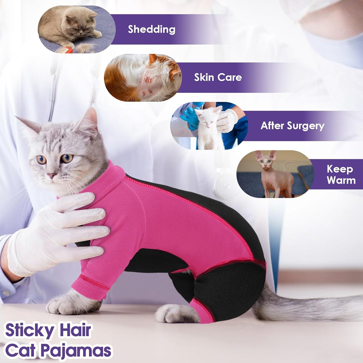 SUNFURA Hair Sticky Cat Clothes, Cat Sweater for Cats Only, 4-Legged Fleece Sweaters Kitten Pajamas Reduce Shedding Fur, Warm Pullover Shirts for Cats, Pink XL