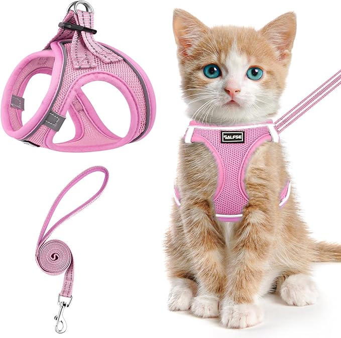 Cat Harness and Leash for Walking Escape Proof, Adjustable Kitten Vest Harness Reflective Soft Mesh Puppy Harness for Outdoor, Comfort Fit, Easy to Control (NPink, XS)