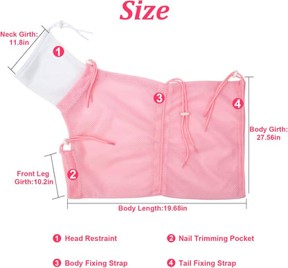 Breathable Mesh Shower Bag - Anti Scratch Adjustable Grooming for Nail Trimming, Bathing - Polyester Soft Cat Washing (White-Pink)