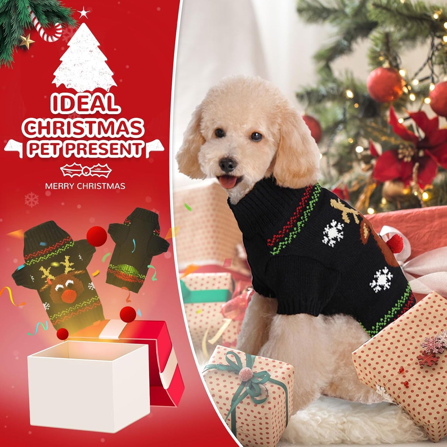 PETCARE Dog Christmas Sweater Black Ugly Funny Cute Cartoon Reindeer Cat Sweaters Jumper Holiday Dog Clothes Puppy Sweaters for Small Medium Large Dogs Fall Winter Outfits Xmas Dogs Costume,Large