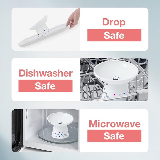 Necoichi Raised Cat Food Bowl – Ceramic Elevated 15° Tilted Cat Bowl for Whisker & Neck Fatigue Dishwasher Microwave Safe – Non-Slip Anti Vomiting Ergonomic Design (Colorful Dots, Extra Wide Tilted)