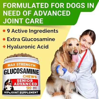 Senior Advanced Glucosamine Chondroitin Joint Supplement for Dogs - Hip & Joint Pain Relief Pills - Large & Small Breed - Hip Joint Chews Canine Joint Health - Chews Older Dogs - Bacon Flavor-120Ct