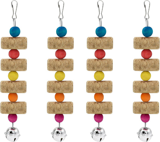 4Pcs Bird Chewing Toy, Parrot Cork Gnawing Skewers With Bell, Hanging Colorful Wooden Bead Cockatiels Beak Trimming for Birdcage (Four Packs-Bell Parrot Toy)