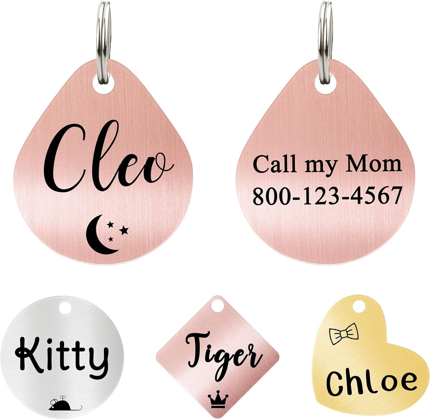 Ultra Joys Cat ID Tag Personalized Pet Tags, Durable Stainless Steel Small Pet Mini Dog Cat Tag Lightweight -Teardrop Tag in Rose Gold