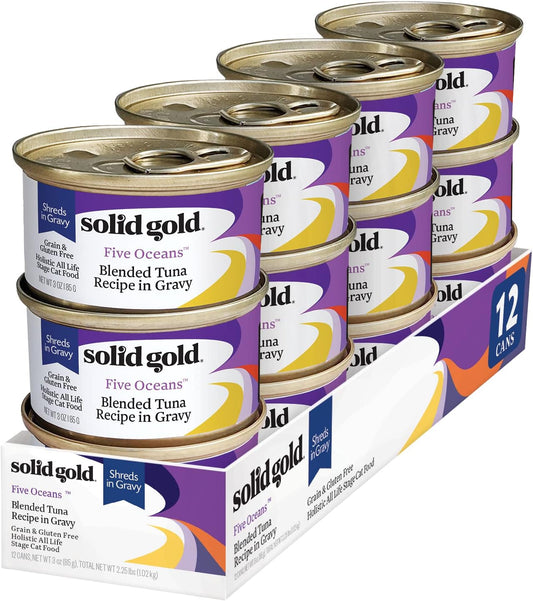 Solid Gold Five Oceans Shreds with Real Tuna in Gravy - Premium Wet Cat Food for All Life Stages, Pack of 12