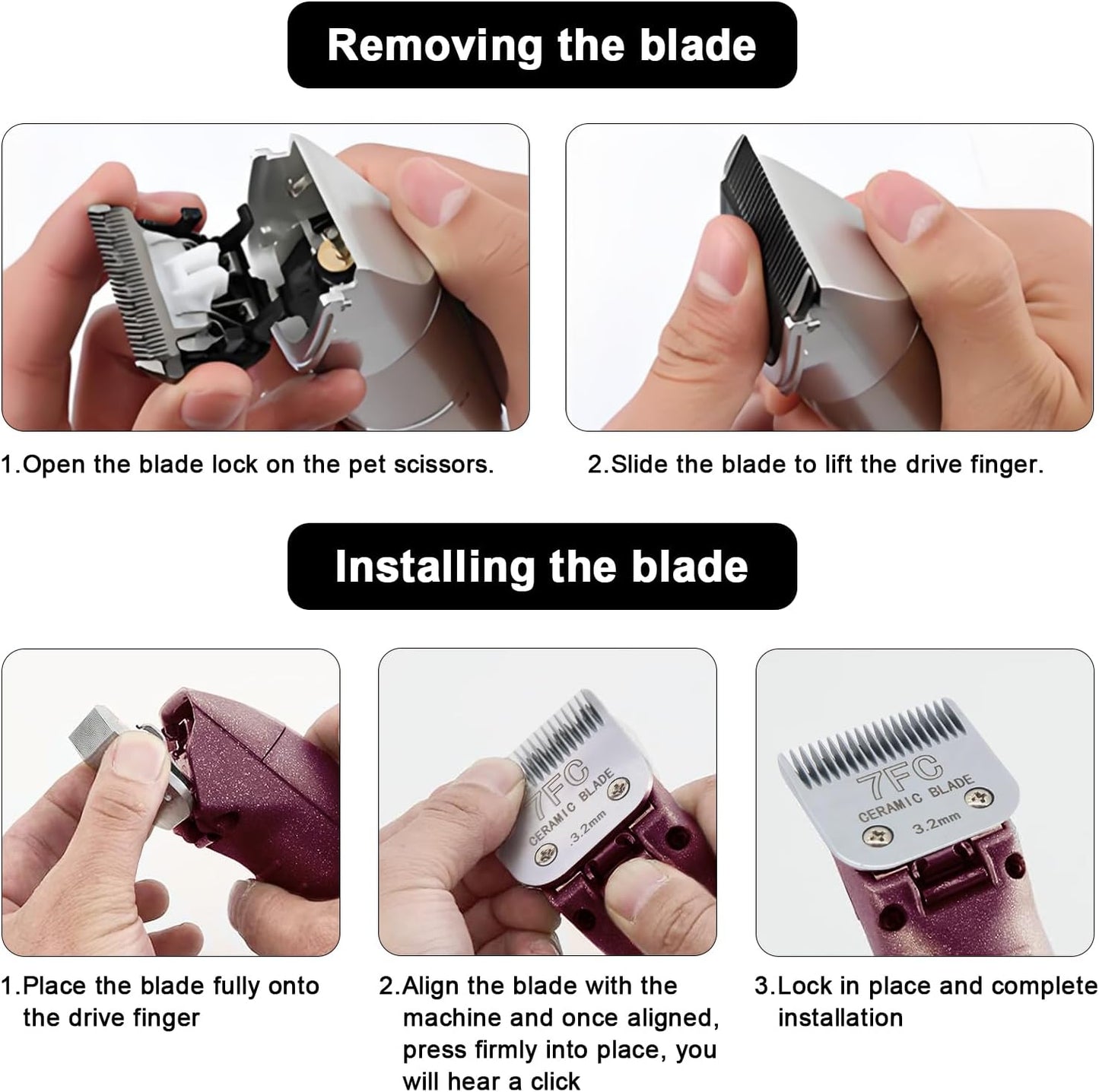 Detachable Pet Dog Clipper Blades, Compatible with Size-7FC Cut Length 1/8"(3.2mm), Most Oster A5, KM Series Clippers,Made of Stainless Steel Blade 2Pack