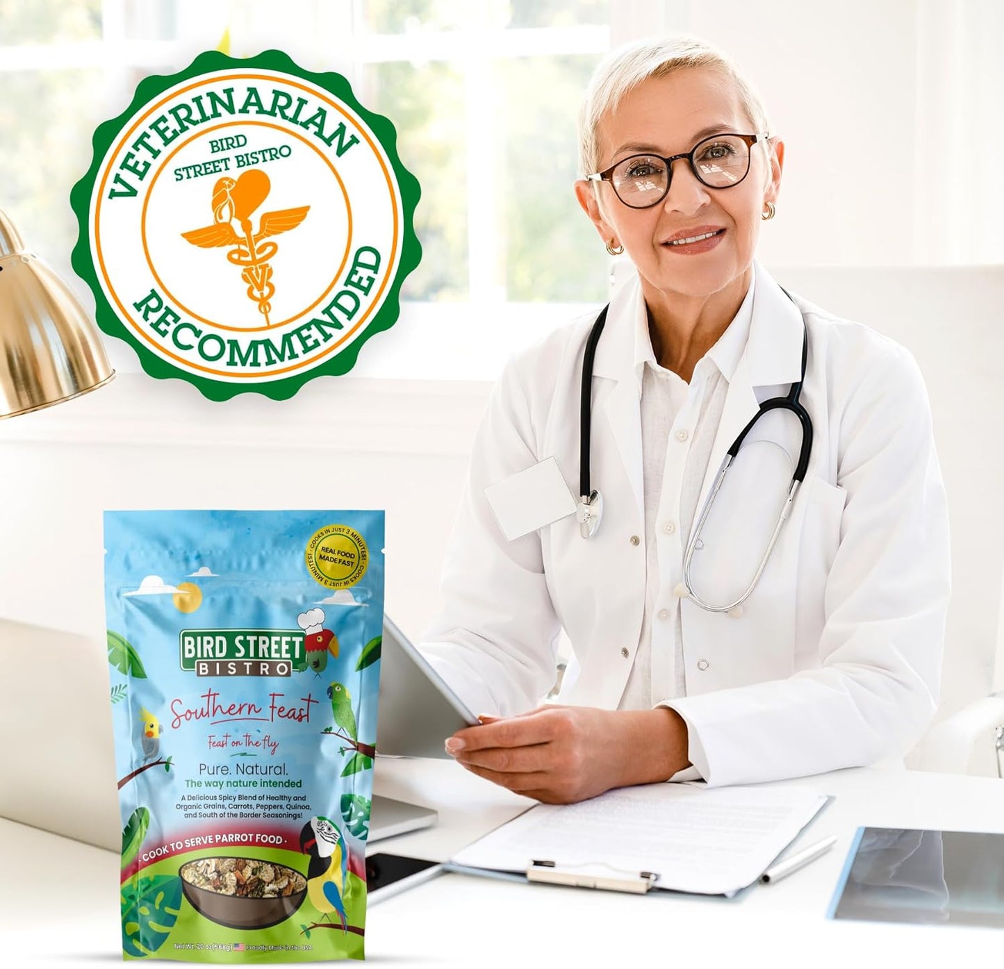 Bird Street Bistro Parrot Food for Parakeets & Cockatiels - Southern Feast - 20 oz - Cooks in 3-15 min, Natural & Organic Grains, Fruits & Vegetables - USA Made