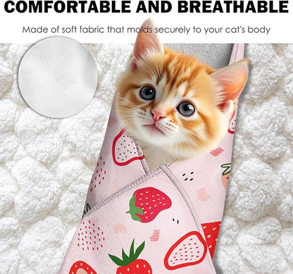 27.6" Cat Grooming Wrap, Self Adhesive Cat Wrap for Cutting Nails, Anti-Escape Cat Swaddle Wrap for Medicine Ear Cleaning, Strawberry Anti-Scratch Cats Burrito Restraint Blanket, Pet Tool (6-10 lbs)