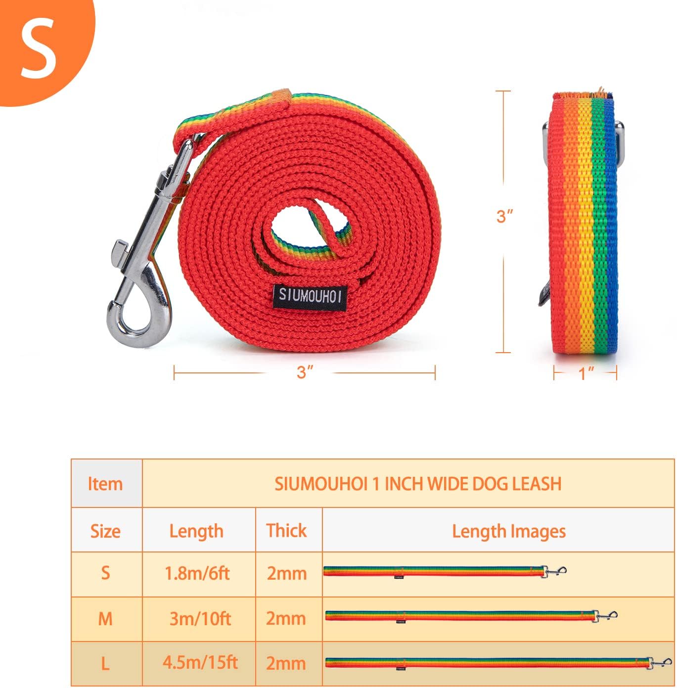 Strong Durable 6 ft Nylon Dog Training Leash, 1 Inch Wide Traction Rope, for Small and Medium Dog (Rainbow, 6 Feet)