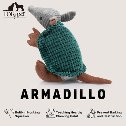 Hollypet Plush Dog Squeaky Toy Stuffed Armadillo Animal Pet Puppy Chew Toys with Clean Teeth for Small Medium Large All Breed Sizes Dogs, Deep Green, 14 in