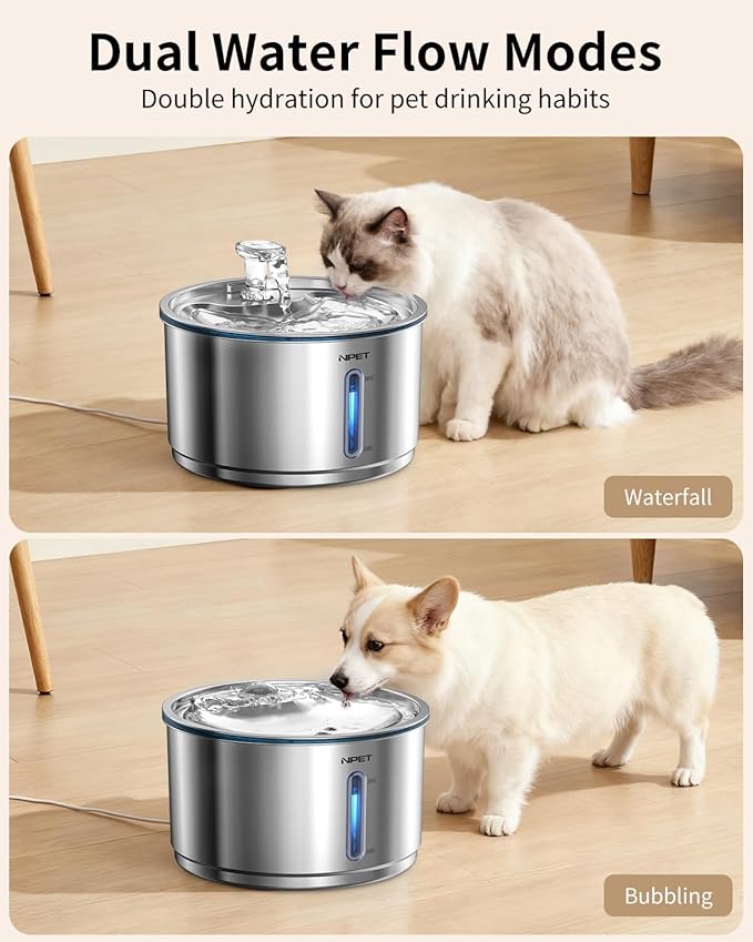 NPET Stainless Steel Cat Water Fountain, 1Gallon/135oz Automatic Pet Drinking Fountain Dog Water Dispenser Bowl with Water Level Window for Cats Indoor - WF210Plus