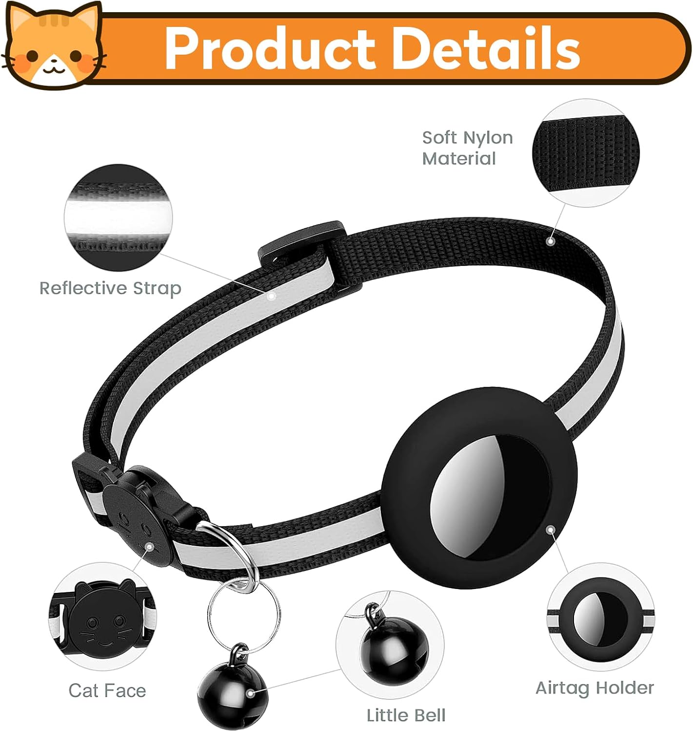 2 Pack Airtag Cat Collar with Bell, Reflective Nylon Kitten Collar with Apple Air Tag Holder and Breakaway Safety Buckle for Puppy Girl Boy Cats, 3/8" in Width and Lightweight, Blue