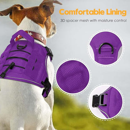 Heavy-Duty Tactical Dog Harness for Large Dogs, No Pull Adjustable Reflective Pet Vest with Molle System, K9 Military-Grade Control for Service Training, Outdoor & 10+ Breeds, Purple, Medium