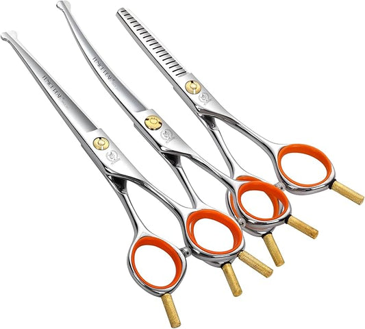 Fenice Peak 5" 3-in-1 Dog Grooming Scissors Set with Comb, Straight, Curved & Thinning Shears, Japanese 440C Stainless Steel Pet Grooming Kit for Dogs and Cats, Sharp Durable Blades