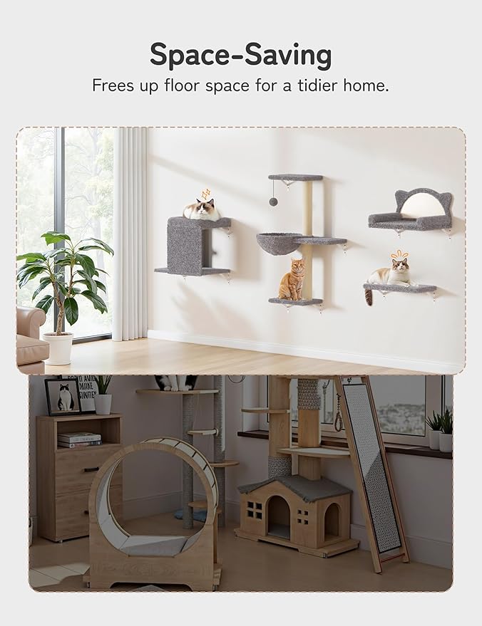 Cat Wall Shelves 5-in-1 Modern Climbing Wall Furniture Set for Cats with Scratching Posts, Cat Bed & Sofa, Space-Saving Perch for 16" Drywall, Light Gray