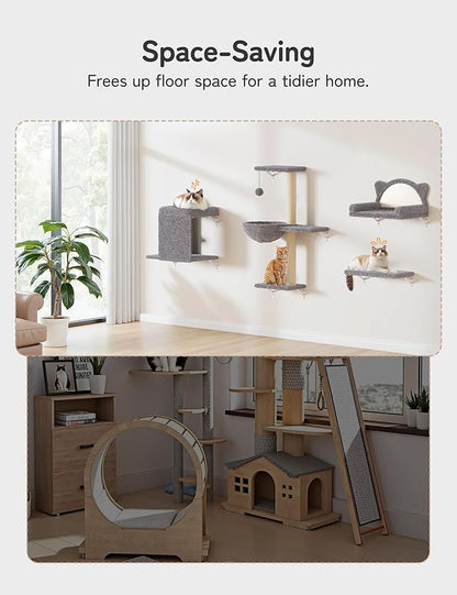 Cat Wall Shelves 5-in-1 Modern Climbing Wall Furniture Set for Cats with Scratching Posts, Cat Bed & Sofa, Space-Saving Perch for 16" Drywall, Light Gray