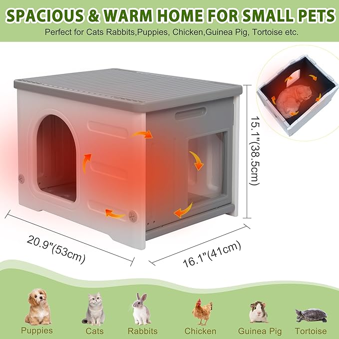 Insulated Cat House Outdoor Weatherpoof Plastic Cats Houses with Escape Door Indoor Waterproof Feral/Pet Cat Shelter Outside for Puppy, Rabbit for Winter