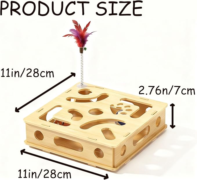 Cat Scratch Puzzle Enrichment Box Nail File - Natural Solid Oak Wood Cat Toy with 6 Bell Balls & Feather Wand, Furniture Protector & Stress-Free Nail Care for Indoor Cats, Best Gift for cat