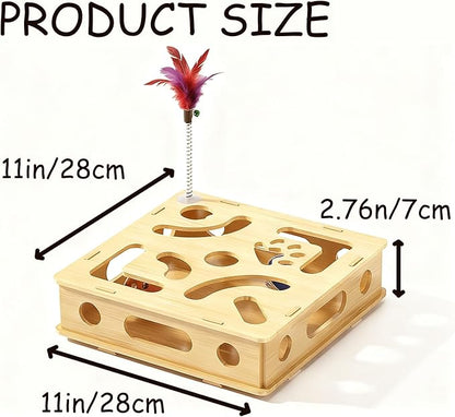 Cat Scratch Puzzle Enrichment Box Nail File - Natural Solid Oak Wood Cat Toy with 6 Bell Balls & Feather Wand, Furniture Protector & Stress-Free Nail Care for Indoor Cats, Best Gift for cat